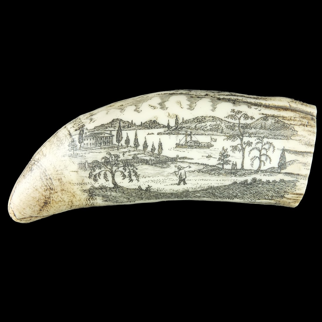 Antique Etched Scrimshaw Whale's Tooth: Antique Etched Scrimshaw Whale's Tooth. Detailed scene of a huntsman and a landscape scene on the obverse scene. Measures 6-1/4" x 2-1/2" x 2". Please note; this lot contains material which may be sub