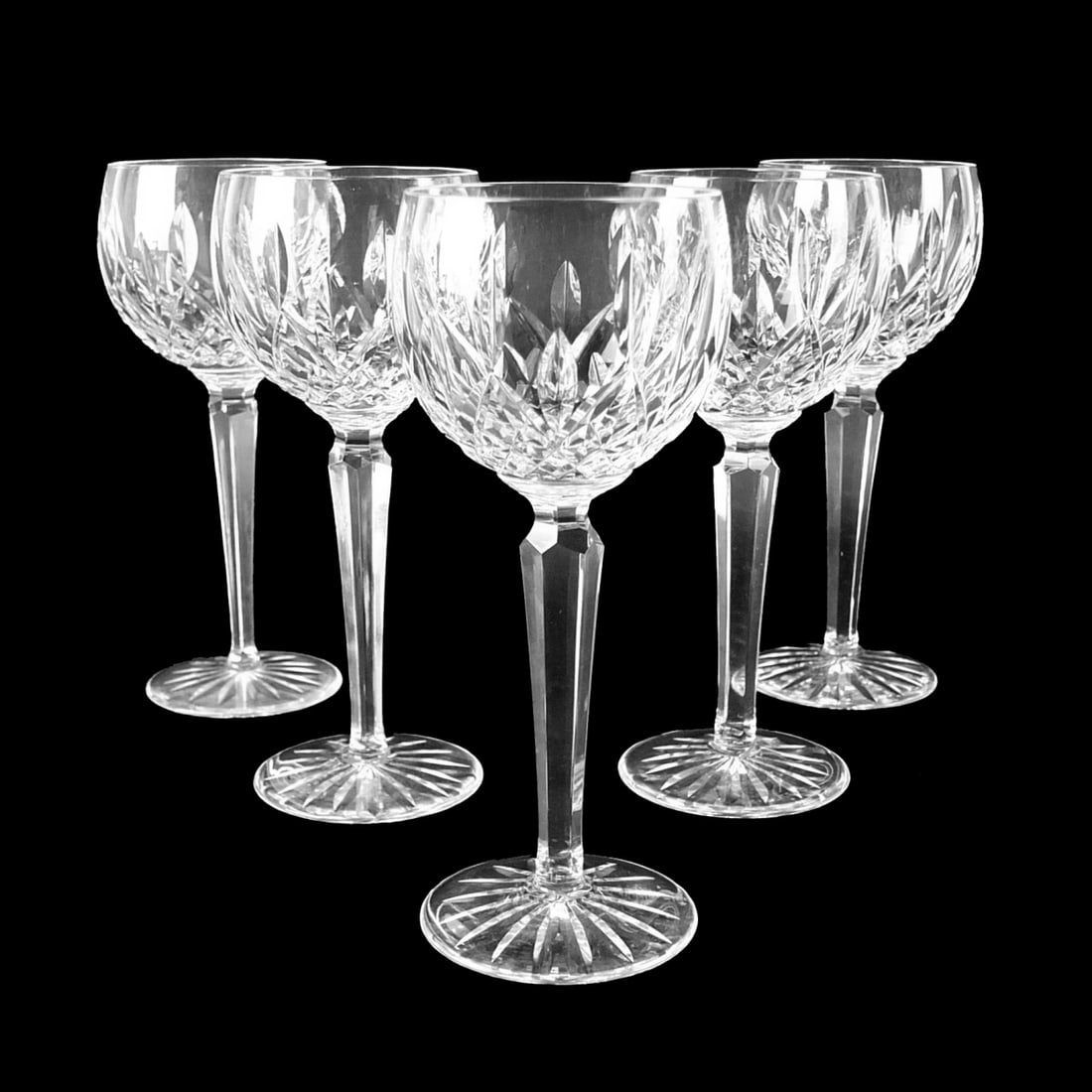 Five Waterford Hock Wine Glasses: Set of Five Vintage Waterford "Alana" Cut Crystal Hock Wine Glasses. Each glass is signed. Measures 7-1/2" x 3" diameter. Condition: Good condition. Estimate 40.00 - 120.00 Domestic shipping Third par