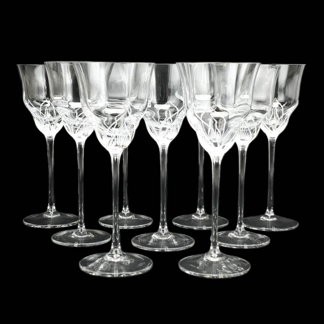 Nine Spiegelau "Via Veneto" Wine Glasses: Set of Nine Spiegelau "Via Veneto" Cut Crystal Wine Glasses. Signed. Measures 7-3/4", 3" diameter top. Condition: Good condition. Estimate 100.00 - 300.00 Domestic shipping Third party