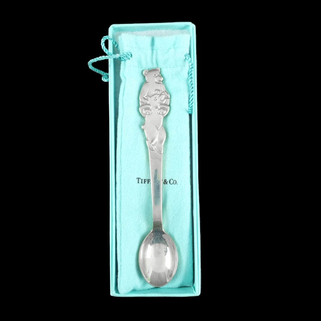 Tiffany & Co Sterling Baby Spoon: Tiffany & Co Sterling Silver Baby Spoon in Original Box. Stamped on the handle. Spoon measures 5-3/4" L. Approx. weight: 1.63 troy ounces. Condition: Good condition. Estimate 100.00 - 200.00 Domestic 