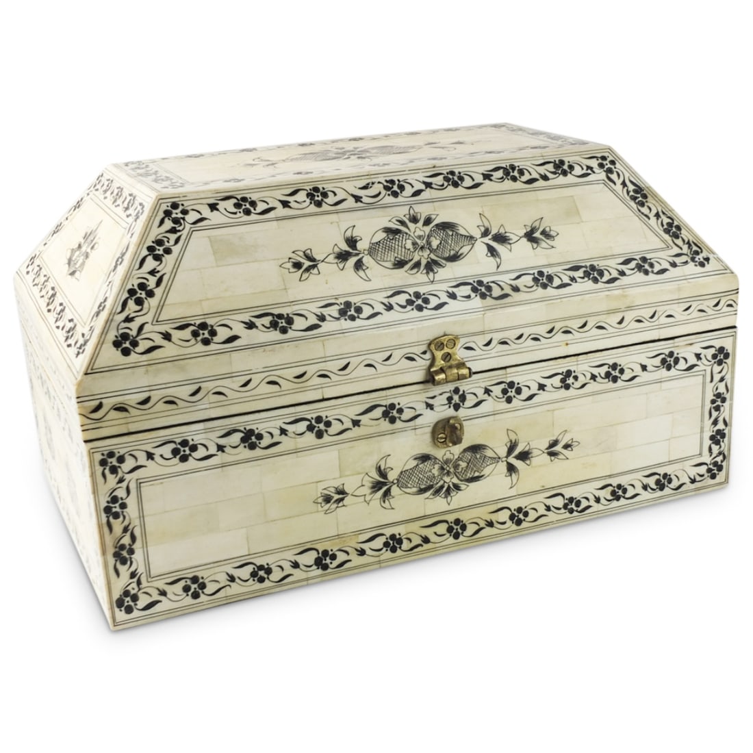 Large Indian Tessellated Bone Dresser Box: Large Indian Etched and Tessellated Bone Dresser Box. Lined interior. Measures 9" x 16-1/8" x 10-1/8". Condition: Lock is missing the latch otherwise good condition. Estimate 100.00 - 400.00 Domestic 