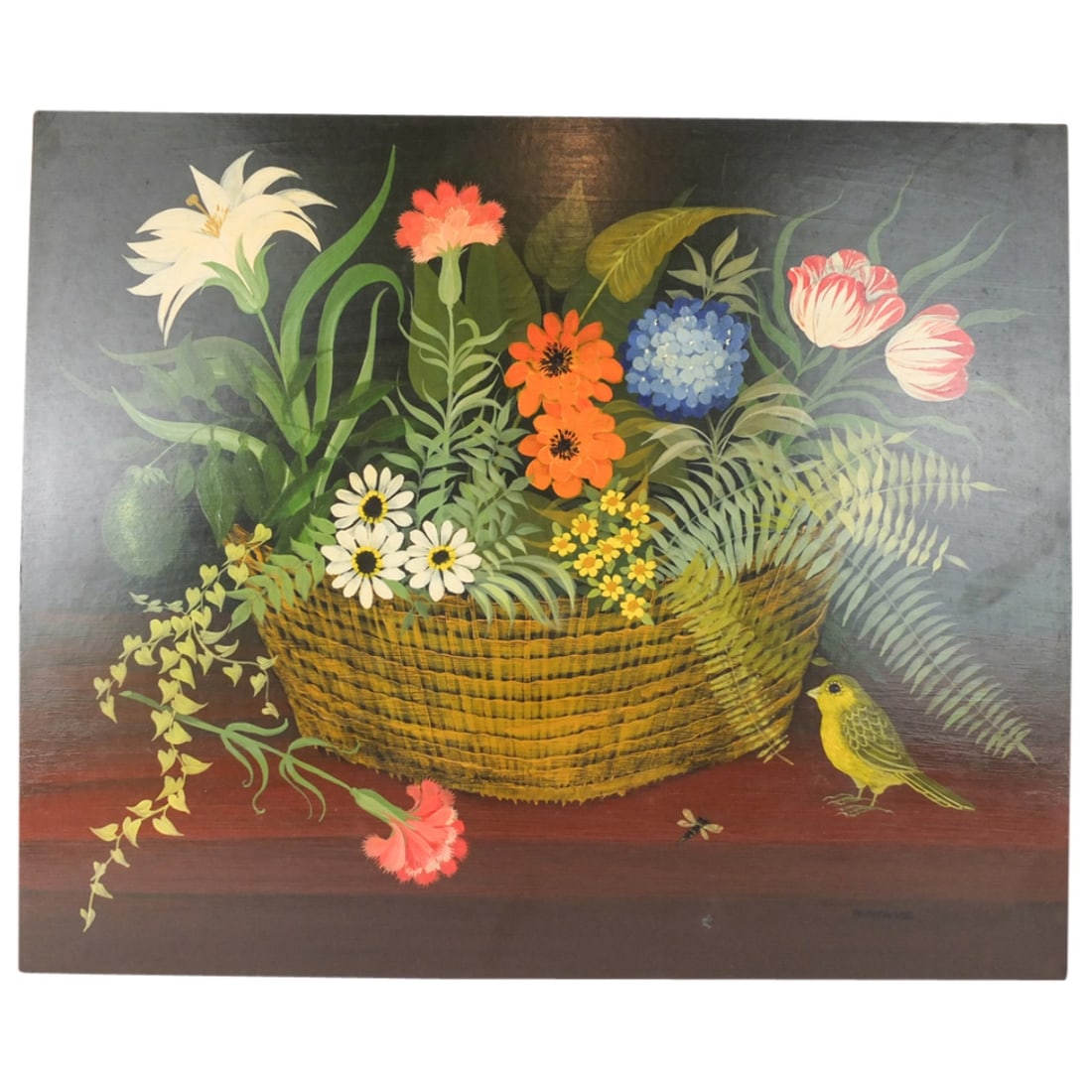 Carlos Perteagudo (Born 1937): Carlos Perteagudo (Born 1937) Acrylic on Masonite Board "Still Life Bouquet with Bird" Signed Lower Right. Unframed. Measures 18" x 21-3/4". Condition: Good condition. Estimate 100.00 - 400.00 Domesti