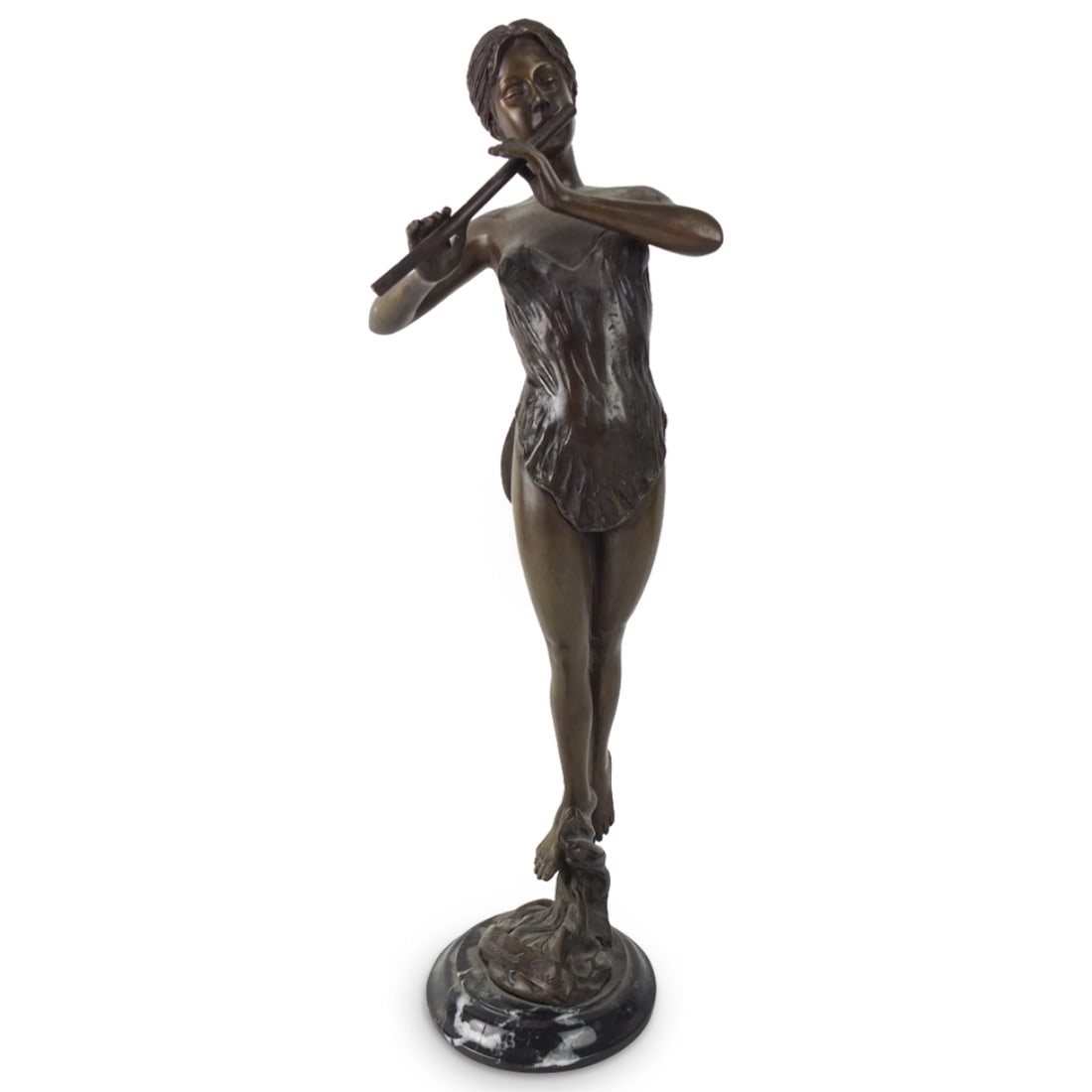 Leonardo Rossi (20th C.) Bronze Sculpture: Leonardo Rossi (20th Century) Large Art Deco Bronze Sculpture of a Flute Player Presented on a Marble Base. Signed on the base. Overall measures 19-1/2" x 6". Condition: Marble has a chip to the base 