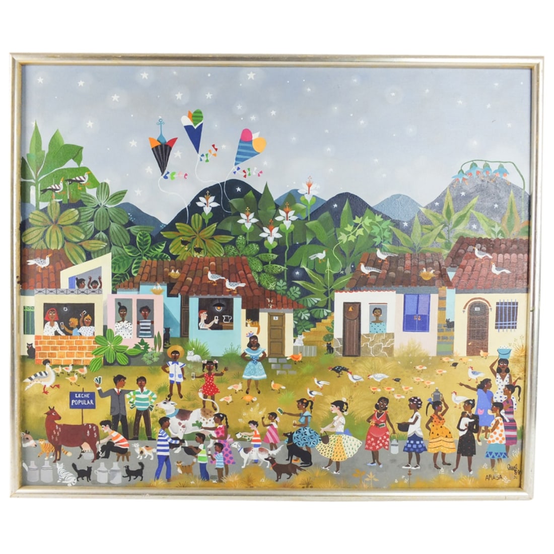 Ana María Arasa, Venezuelan (20th C.): Ana María Arasa, Venezuelan (20th Century) Oil on Canvas "La Cancion De La Leche Popular" Signed and Dated 1984 Lower Right. Inscribed en verso. Measures 19-1/4" x 23-1/2". Frame measures 20-1/2" x 2