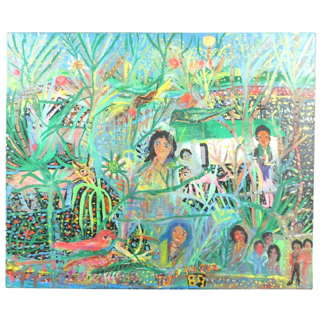 Tulio Jose Garcia, Venezuelan (20th C.): Tulio Jose Garcia, Venezuelan (20th Century) Oil on Canvas "Paisaje Primitivo" Signed Lower Center. Inscribed en verso. Mounted on a stretcher measuring 19-3/4" x 23-3/4". Condition: Good condition. E