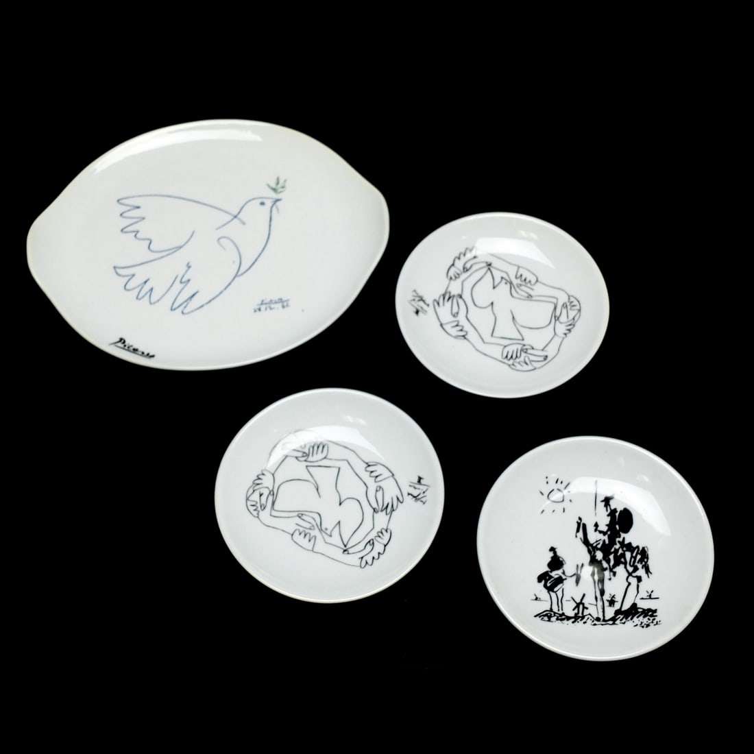 Four Picasso Porcelain Tableware: Lot of Four Picasso Porcelain Tableware to Include Three Round Dishes and a Dish. Marked on the base. Dish measures 6-7/8" x 8-1/4". Small dishes measures 4-3/4". Condition: Good condition. Estimate 4