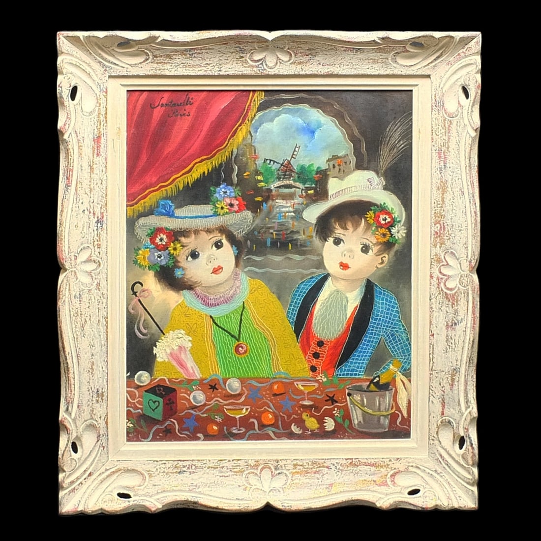 R. Santarelli, French (20th C): R. Santarelli, French (20th Century) Oil on Canvas "Loving Couple" Signed Top Left Corner. Inscribed en verso. Sight measures 18" x 14". Frame measures 23-1/4" x 19-1/4". Condition: Good condition. Es