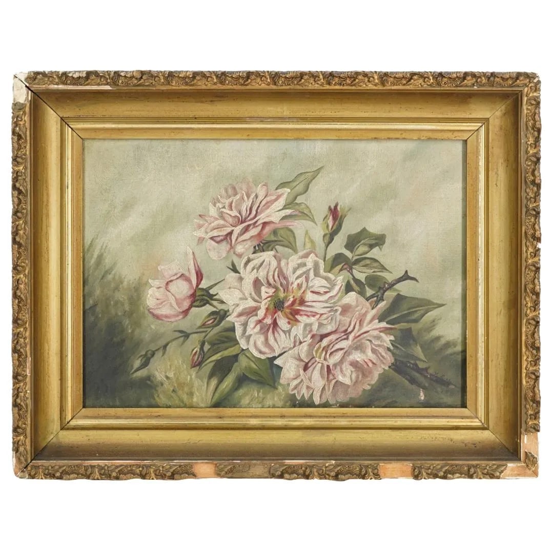 M. Lee (19/20th C.) Oil on Canvas: M. Lee (19/20th Century) Oil on Canvas "Peony Still Life" Signed Lower Right. Measures 9-1/2" x 13-1/2". Frame measures 14" x 18". Condition: Craquelure to the canvas. Chips to the frame. Estimate 100