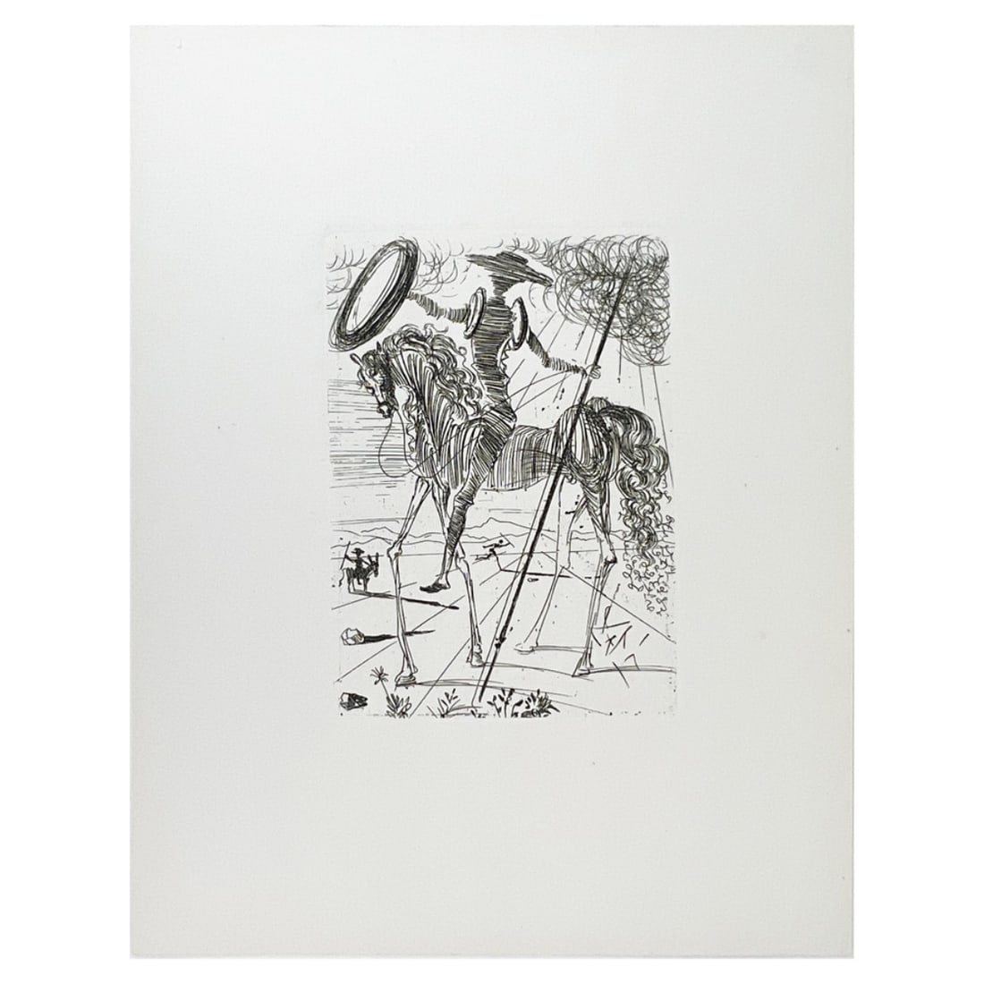 Salvador Dali (1904 - 1989): Salvador Dali, Spanish (1904 - 1989) "Don Quixote" Etching on Paper, Unsigned. Unframed and mounted on a Cardboard Backing. Sight measures 6-3/4" x 4-3/4". Overall measures 20" x 16". Condition: Good 