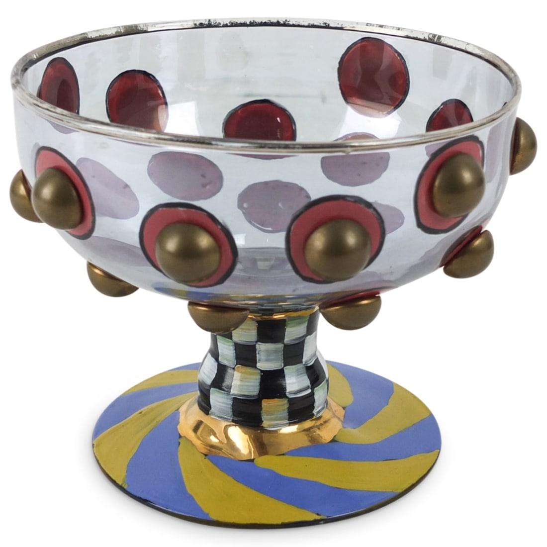 Vintage Mackenzie-Childs Pedestal Bowl: Vintage Mackenzie-Childs Hand Painted Glass Pedestal Bowl. Signed. Measures 4-1/4" x 5-5/8". Condition: Rubbing to the paint otherwise good condition. Estimate 20 - 120 Domestic shipping Third party