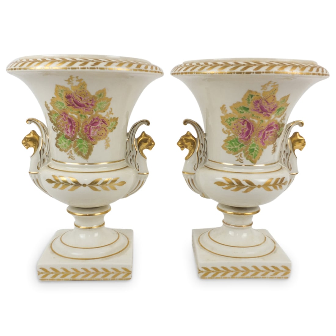 Pair of Continental Porcelain Urns: Pair of Continental Hand Painted Porcelain Urns. Unmarked. Measures 11-1/4" x 8". Condition: Interior needs cleaning. Minor rubbing to the gilt otherwise good condition. Estimate 20.00 - 120.00 Domest