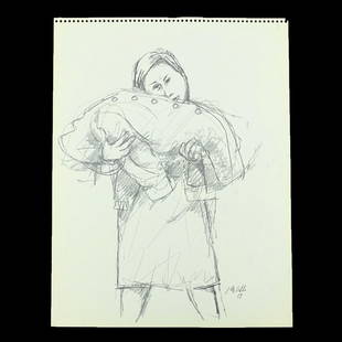 John Barnes Dobbs, American (1931 - 2011): John Barnes Dobbs, American (1931 - 2011) "Woman Carrying a Coat" Charcoal and Paper, Signed and Dated 1957 Lower Right. Unframed. Sheet measures 13-3/4" x 10-7/8". Condition: Toning to the paper othe