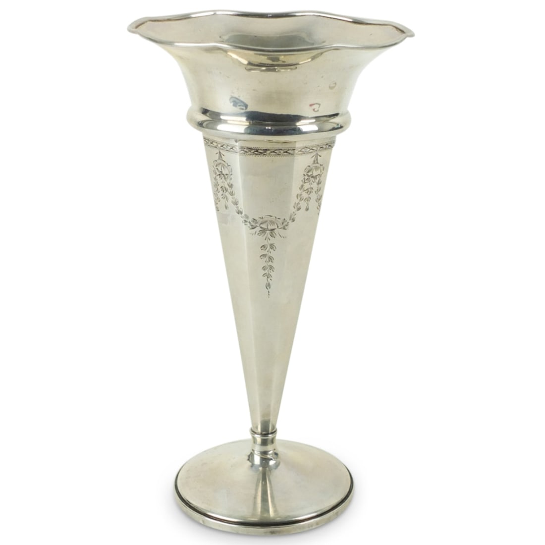 M. Fred Hirsch Co Inc. Sterling Trumpet Vase: M. Fred Hirsch Co Inc., Jersey City, NJ Weighted Etched Sterling Silver Trumpet Vase. Stamped on the base. Measures 10-3/8" x 5-3/4" diam. Condition: Good condition. Estimate 100 - 300 Domestic shippi