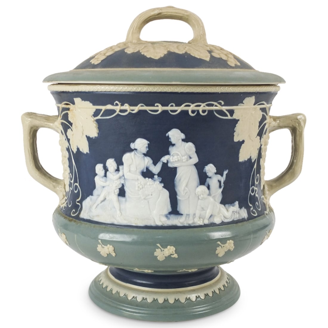 Large Mettlach German Cameo Punch Bowl: Large Mettlach German Cameo Pottery Punch Bowl with Cover. Signed and numbered 2602. Measures 13" x 12-1/4". Condition: Good condition. Estimate 200 - 400 Domestic shipping Third party