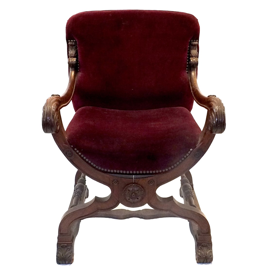 20th C. French Carved Armchair: Early to Mid 20th Century French Carved and Velvet Upholstered Armchair. Measures 37-1/4" x 24-1/4", 20-1/2" seat height. Condition: Fabric in good condition. Surface scuffs to the wooden frame otherw