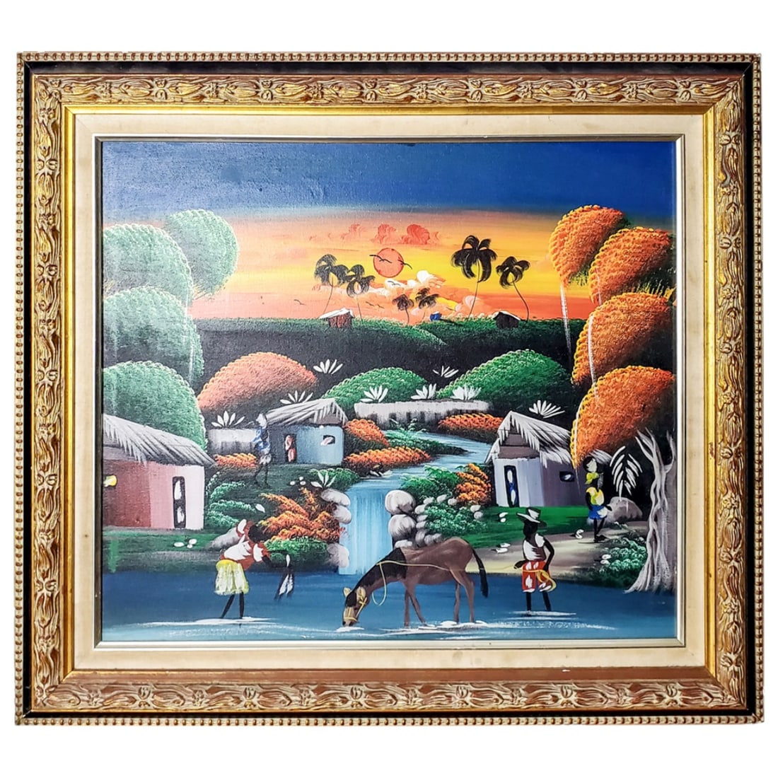 20th c. Haitian Oil on Canvas: 20th century Haitian Oil on Canvas "Village Scene" signed Etienne lower center. Measures" 20" x 23". Frame Measures 26-1/2" x 29-1/2". Condition: Good Condition Estimate 100 - 200 Domestic shipping Th