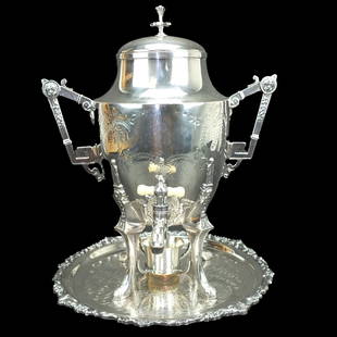 Circa 1877 Meriden B. Co. Silver Plate Samovar: Circa 1877 Meriden B. Company Victorian Etched Silver Plate Samovar Presented with Associated Sheridan Etched Silver Plate Tray. Both items are marked on the base. Samovar measures 15" x 12-1/2" x 9-1