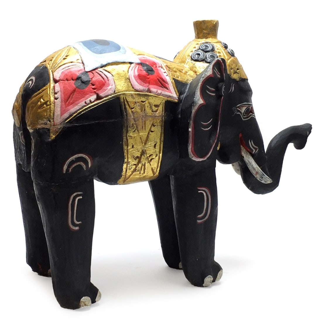 Large Thai Hand Painted Carved Wood Elephant: Large Thai Hand Painted Carved Wood Elephant Sculpture. 20" x 25" x 10". Condition: Seam split to the trunk, normal surface rubbing otherwise good condition. Estimate 100.00 - 300.00 Domestic shipping