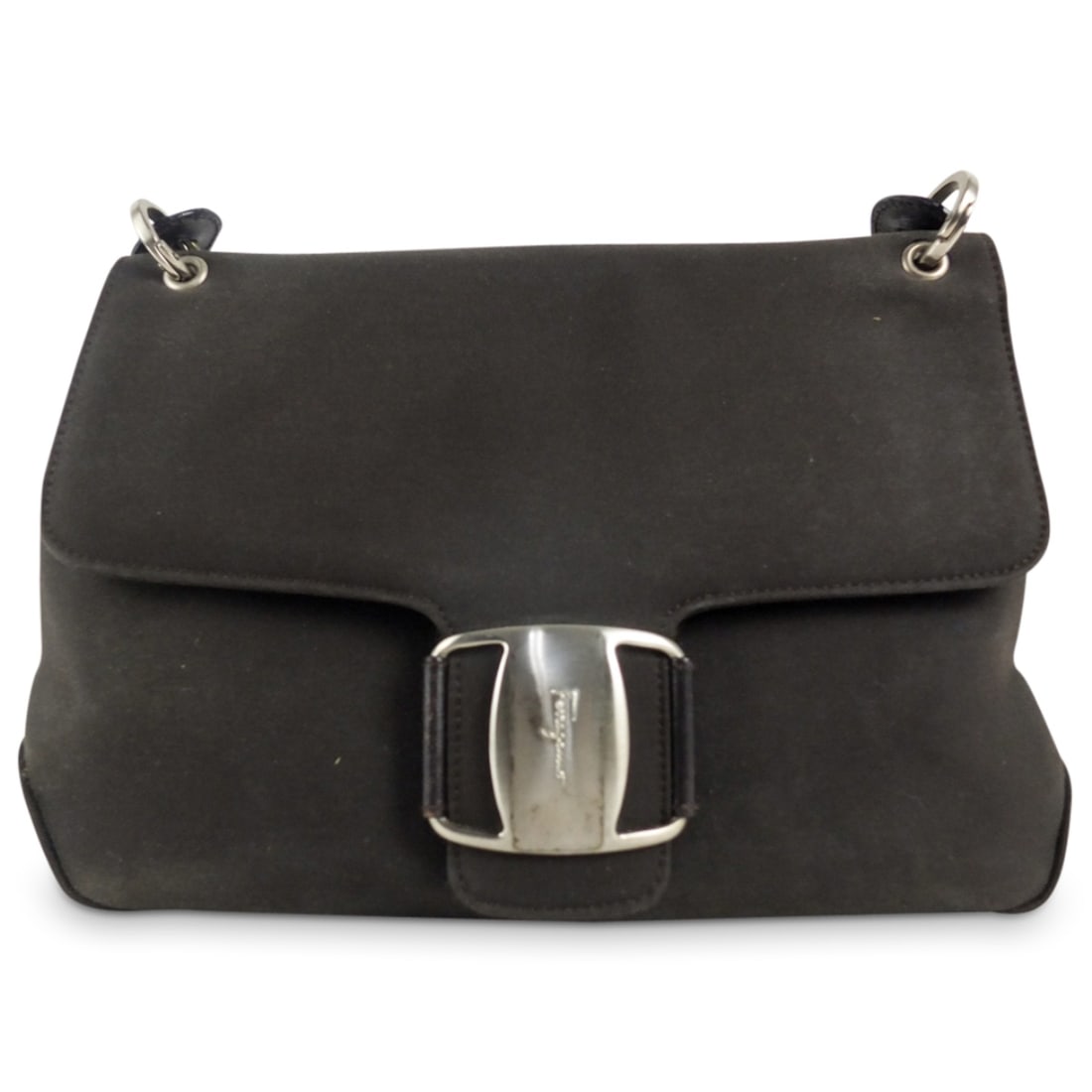 Salvatore Ferragamo Black Canvas Shoulder Bag: Salvatore Ferragamo Black Canvas Shoulder Bag with Metal Fittings. AQ-21 8691. Measures 6-3/4" x 10-1/2". Condition: Used condition. Estimate 50 - 150 Domestic shipping Third party