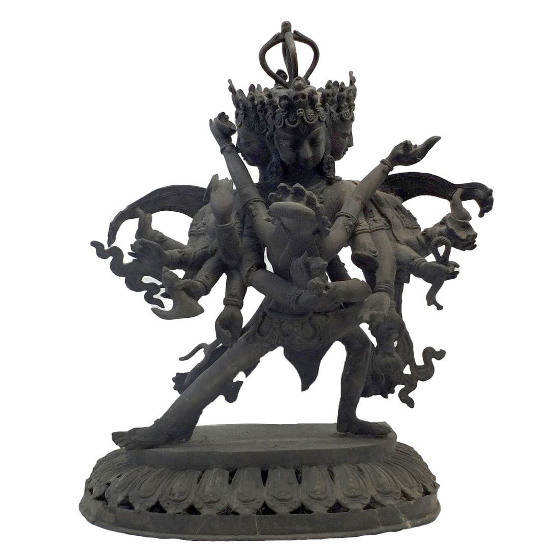 Antique Tibetan Buddhist Sculpture: Antique Tibetan Heavy Bronze Chakrasamvara Buddhist Sculpture. Measures 15" x 12" x 8-1/2". Condition: One legs is separated from the base overall good condition. Estimate $50.00 - 150 Domestic shippi