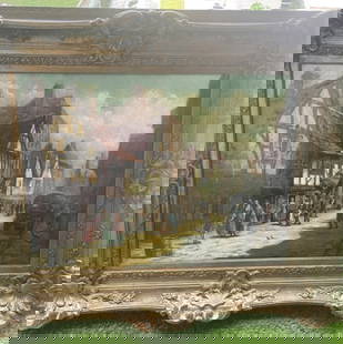 Percival De Luce, American (1847 - 1914): Percival De Luce, American (1847 - 1914) Oil on Canvas "Village Scene" Signed Lower Right. Presented in a period giltwood and gesso frame. Measures 24" x 18". Frame measures 34" x 28". Condition: Prof