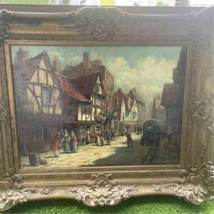 Percival De Luce, American (1847 - 1914): Percival De Luce, American (1847 - 1914) Oil on Canvas "Village Scene" Signed Lower Right. Presented in a period giltwood and gesso frame. Measures 24" x 18". Frame measures 34" x 28". Condition: Prof