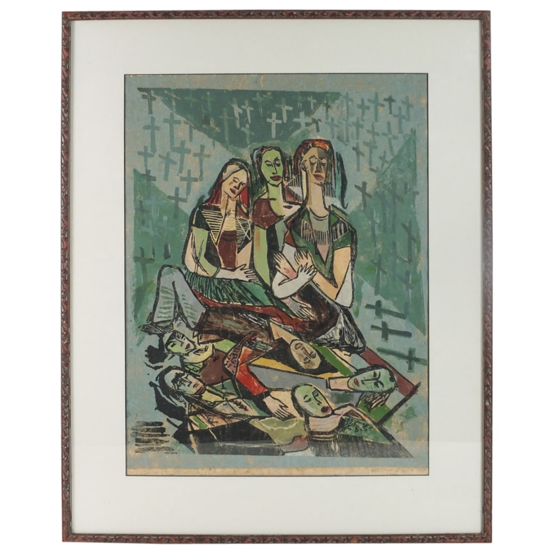 Eduard Rüga, Estonian (1903 - 1997): Eduard Rüga, Estonian (1903 - 1997) Linocut on Paper "Mourning" Signed and Inscribed on Lower Margin. Sight measures 21-1/4" x 16". Frame measures 28-1/4" x 22-3/4". Condition: Toning to the paper ot
