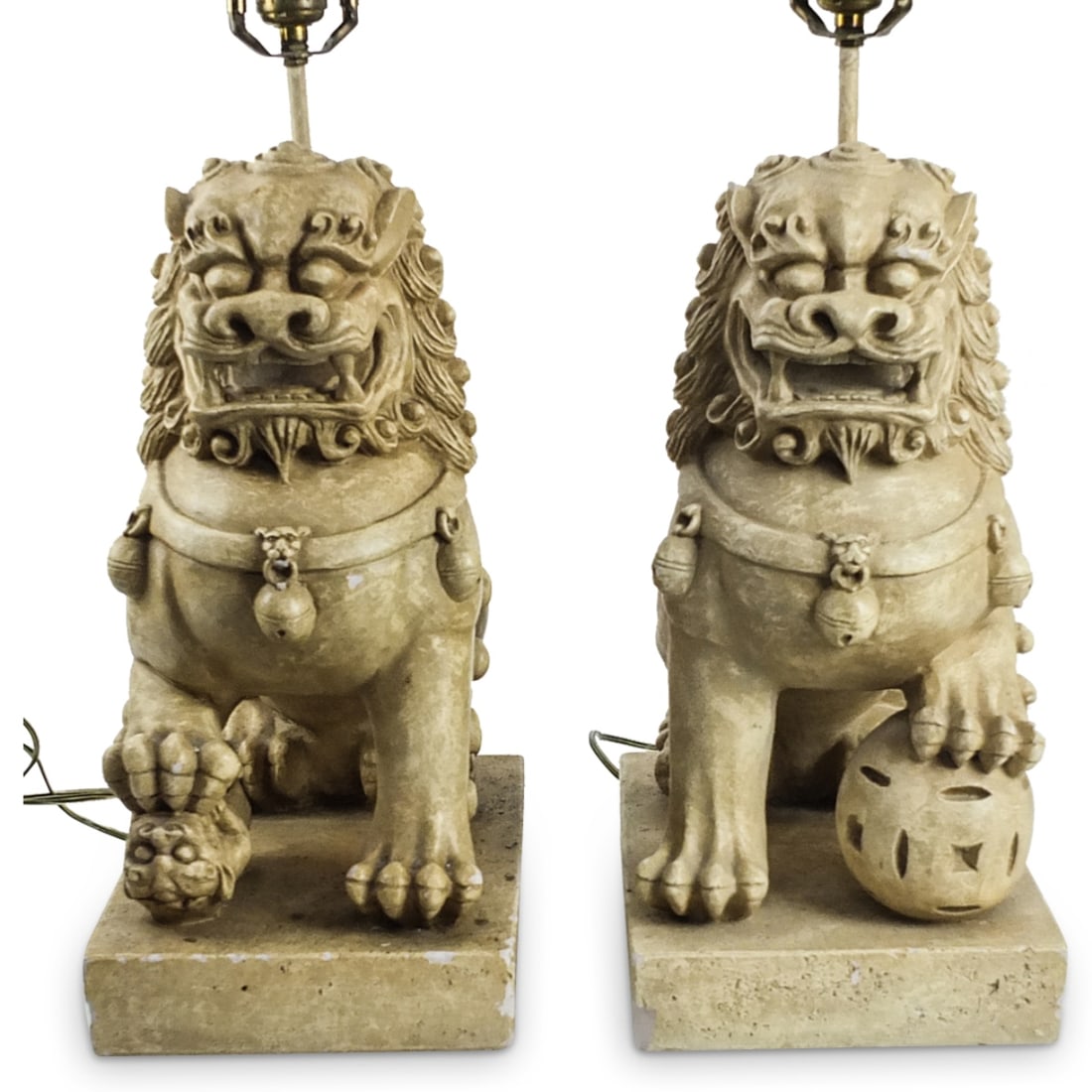 Pair of Chinese Lamps: Pair of Modern Chinese Plaster Foo Dog Lamps. Overall measures 28-1/2" x 7-3/4' x 12-3/4". Condition: Has some chips to the surface. Estimate 100 - 300 Domestic shipping Third Party