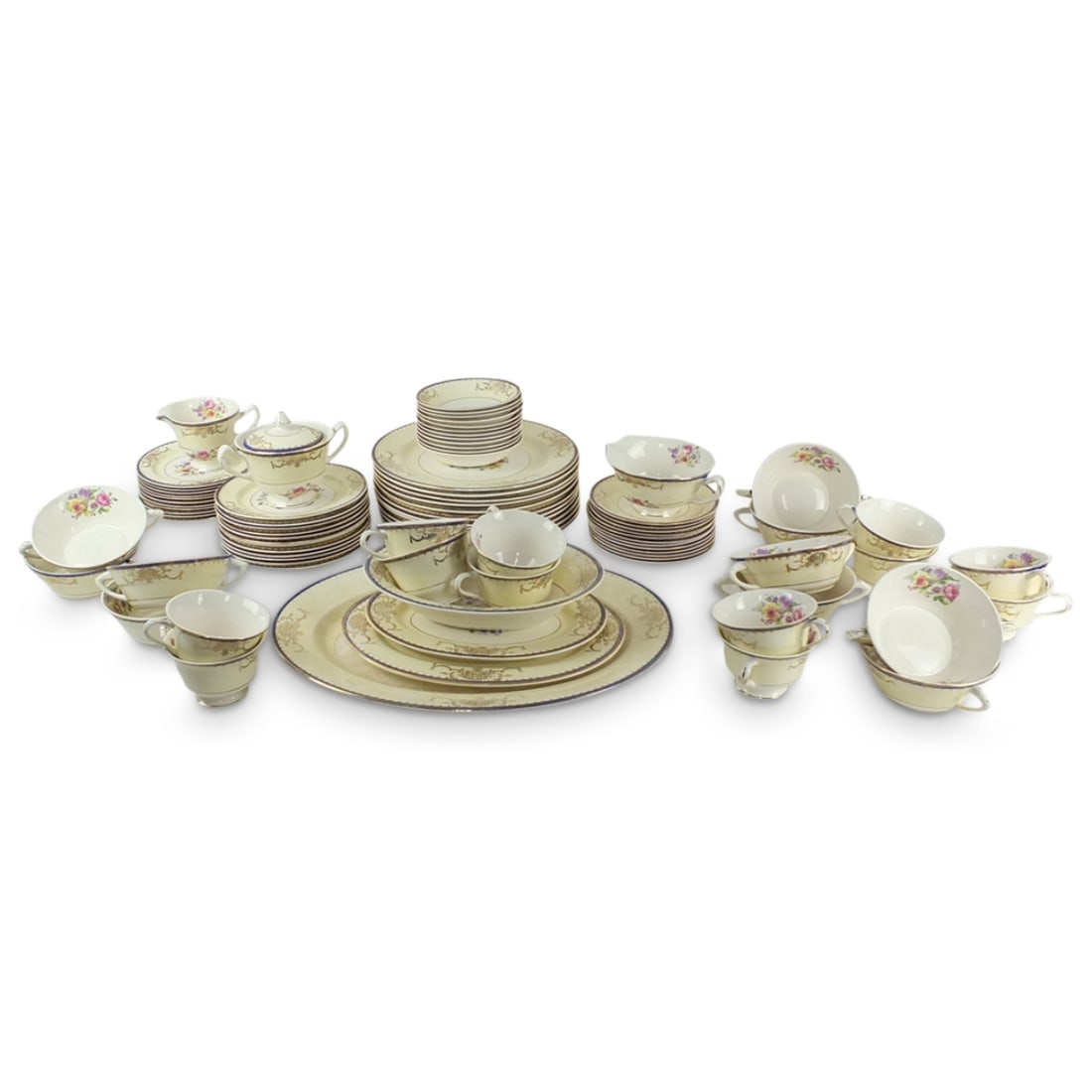 Stetson "Tiffany" Dinner Service: Seventy Six (76) Piece Stetson "Tiffany" Porcelain Dinner Service. Includes: (12) dinner plates measuring 10-1/8", (12) salad plates measuring 7-1/8", (11) bread plates, (12) cups with (12) saucers, (