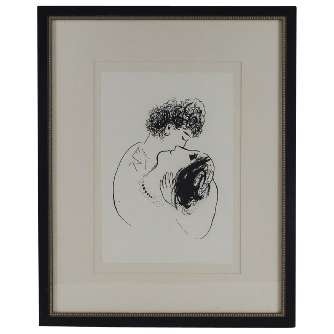 Marc Chagall, Russian (1887-1985): Marc Chagall, Russian (1887-1985) Silk Screen on paper "The Hug" Blindstamp Lower Right. The Metropolitan Museum of Art label attached en verso. sight measures 11" x 7-1/2". Frame measures 18-3/4" x 1