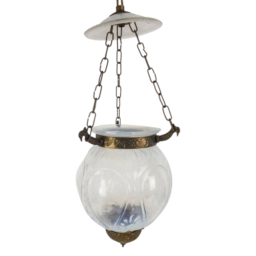 Vintage Opalescent Glass Pendant Light: Vintage Opalescent Glass Pendant Light with Brass Hardware. Base measures 7" x 5-1/2". Overall height: 13". Condition: Good condition. Estimate 50.00 - 150 Domestic shipping Third party