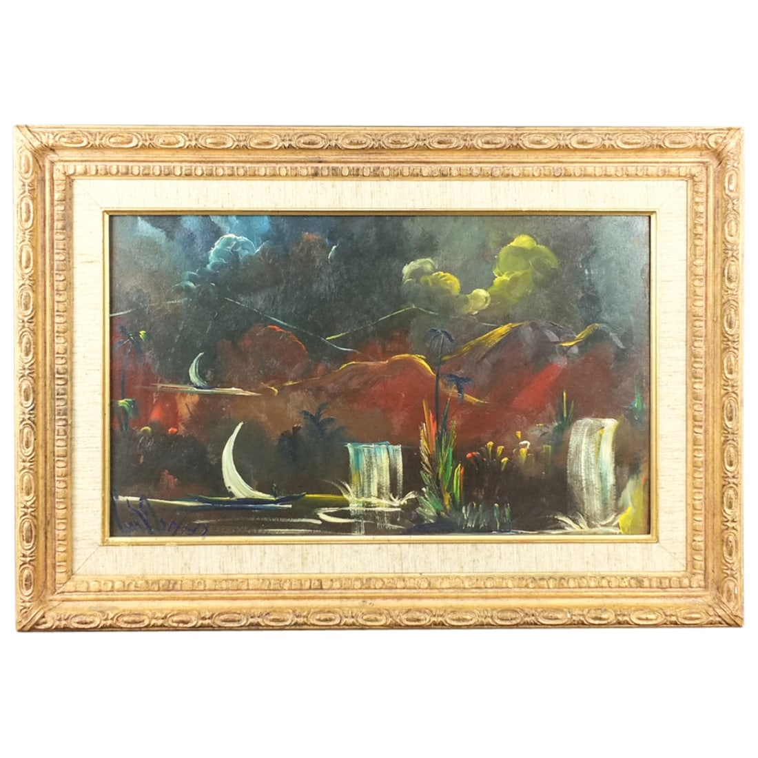 Luis Ordaz, Venezuelan (1912 - 1976): Luis Ordaz, Venezuelan (1912 - 1976) Oil on Masonite "Landscape Scene" Signed Lower Right. Measures 13-7/8" x 23-3/4". Frame measures 21-5/8" x 31". Condition: Good condition. Estimate 50.00 - 150 Dom