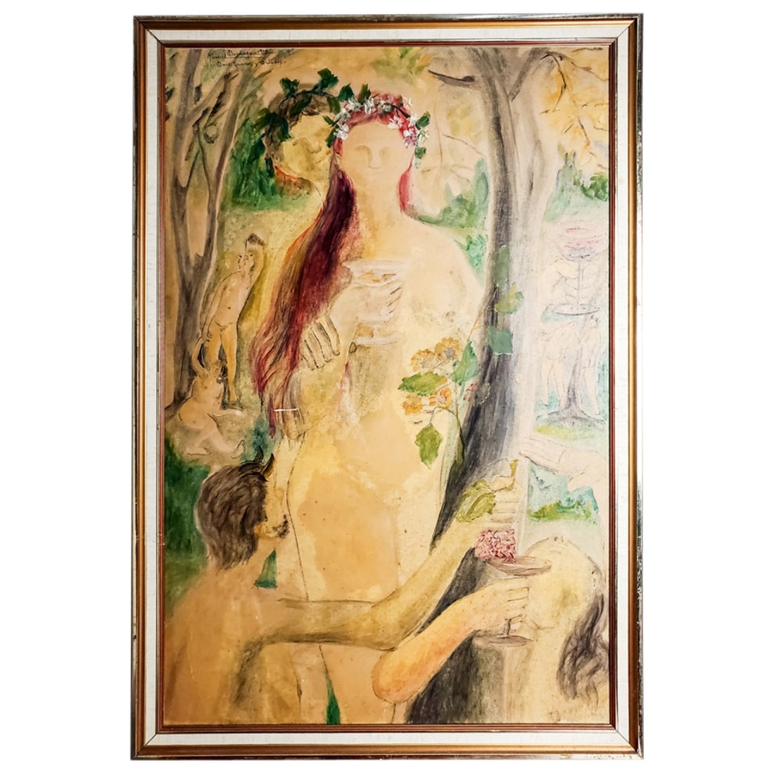 Manuel Bordogna, Venezuelan (20th Century): Manuel Bordogna, Venezuelan (20th Century) Oil on Board "Bacchanal Scene" Signed and Dated Top Left Corner. Sight measures 40" x 26-1/4". Frame measures 44" x 30-1/8". Condition: Small area with scuff