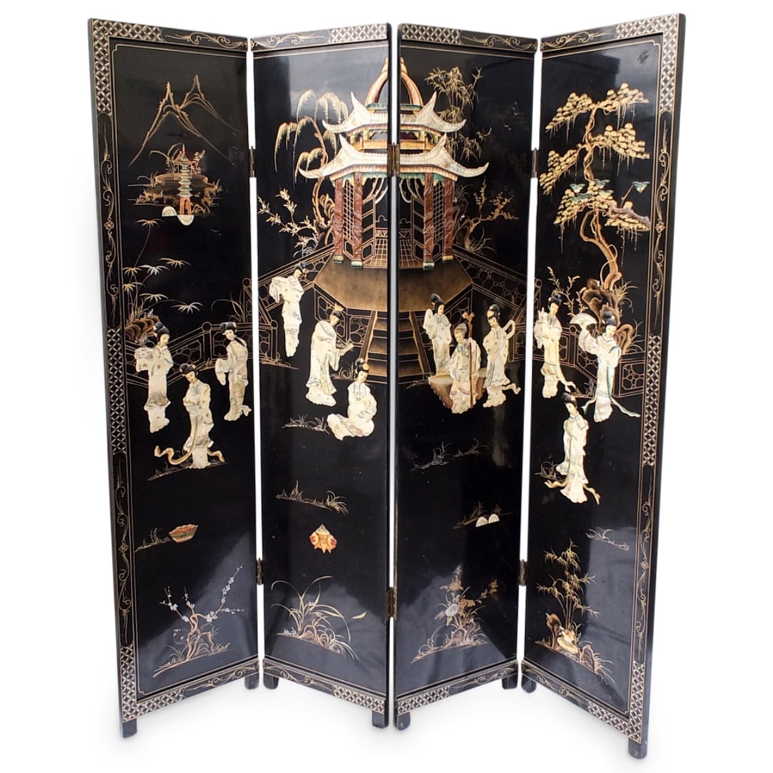 Chinese Black Lacquered 4-Panel Screen (1 of 5)