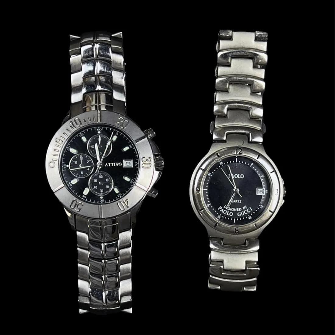 Two Vintage Wristwatches: Vintage Attivo Chronograph Wristwatch together with a Vintage Paolo Gucci Stainless Steel Wristwatch. Quartz movement. Ativo measures 39mm. Paolo Gucci measures 35.5mm. Condition: Good working conditi
