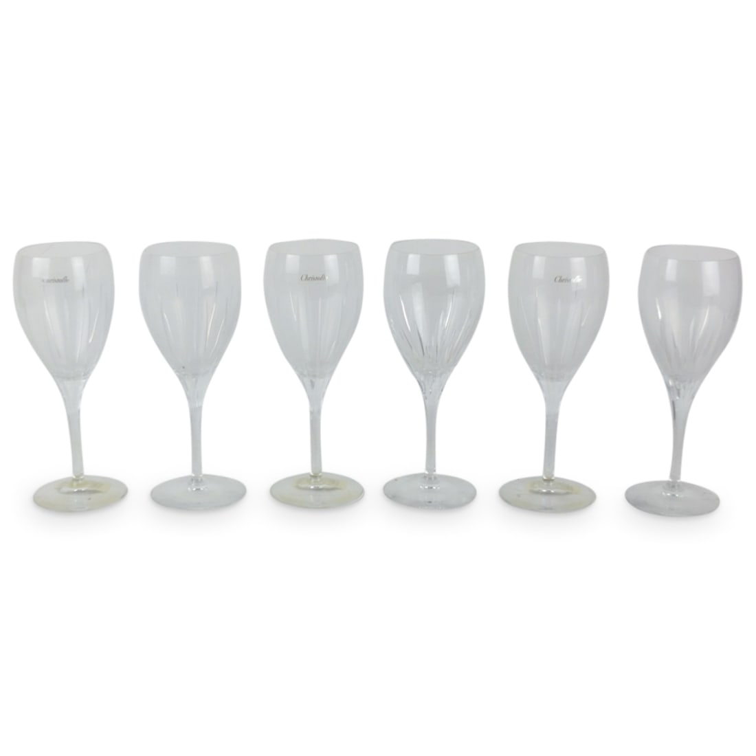 Set of Christofle "Malmaison" Wine Glasses: Set of Six Christofle "Malmaison" White Wine Glasses. signed. Measures: 6-7/8" x 2-3/8" opening. Condition: Good Condition Estimate 100 - 300 Domestic shipping Third Party