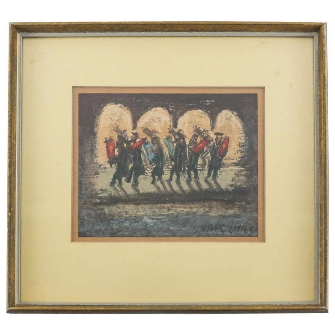 Simon Natan Karczmar (1903 - 1982: Simon Natan Karczmar, French, Israeli (1903 - 1982) Pastel on Paper "Jewish Men With Torah" Signed Lower Right. Brooklyn Arts Gallery inc. label en verso. Measures 6-1/2" x 7-1/4". Frame measures 12-1
