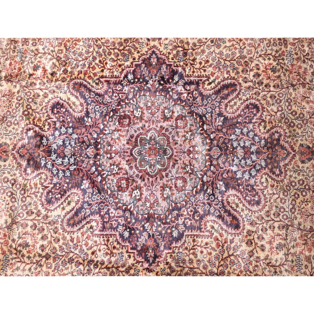 Semi Antique Persian Rug: Semi Antique Persian Multi Color Silk and Wool Rug. Centralized medallion with continuous floral patterns. Measures 129-1/2" x 96". Condition: Wear to a few sections of the border, needs cleaning. Est