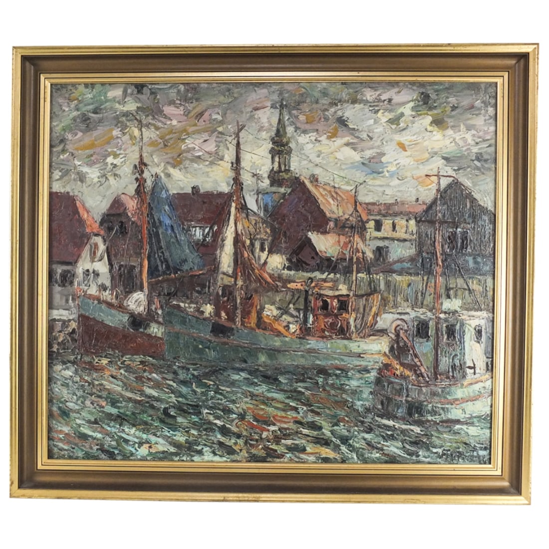 Finn Andersen (1909 - 1987): Finn Andersen (1909 - 1987) Oil on Canvas "Harbor Scene" Signed Lower Right. Measures 23-3/4" x 27-3/4". Frame measures 27-1/4" x 31-1/4". Condition: Patch work en verso otherwise good condition. Esti