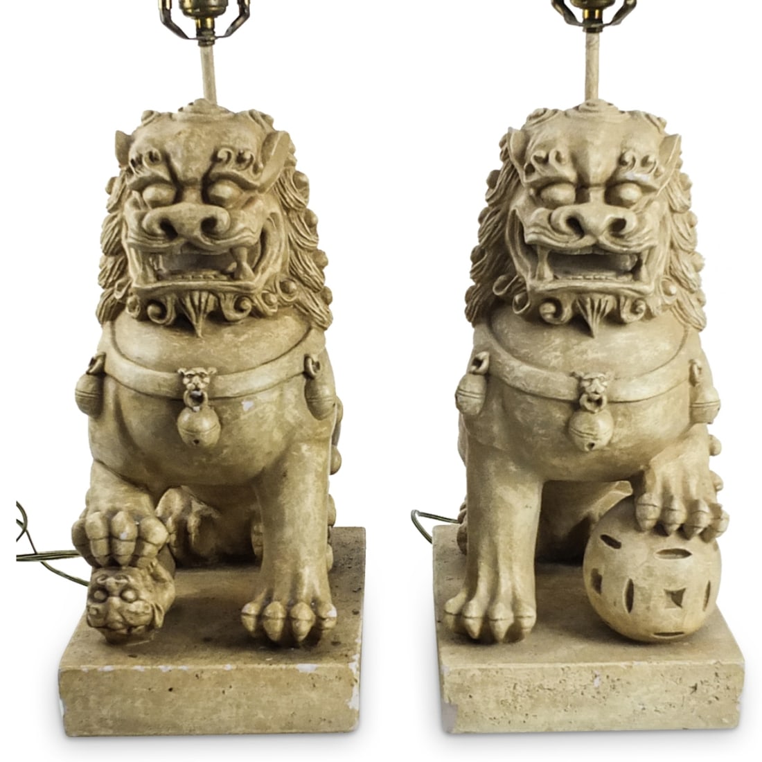 Pair of Chinese Lamps: Pair of Modern Chinese Plaster Foo Dog Lamps. Overall measures 28-1/2" x 7-3/4' x 12-3/4". Condition: Has some chips to the surface. Estimate 100 - 300 Domestic shipping Third Party