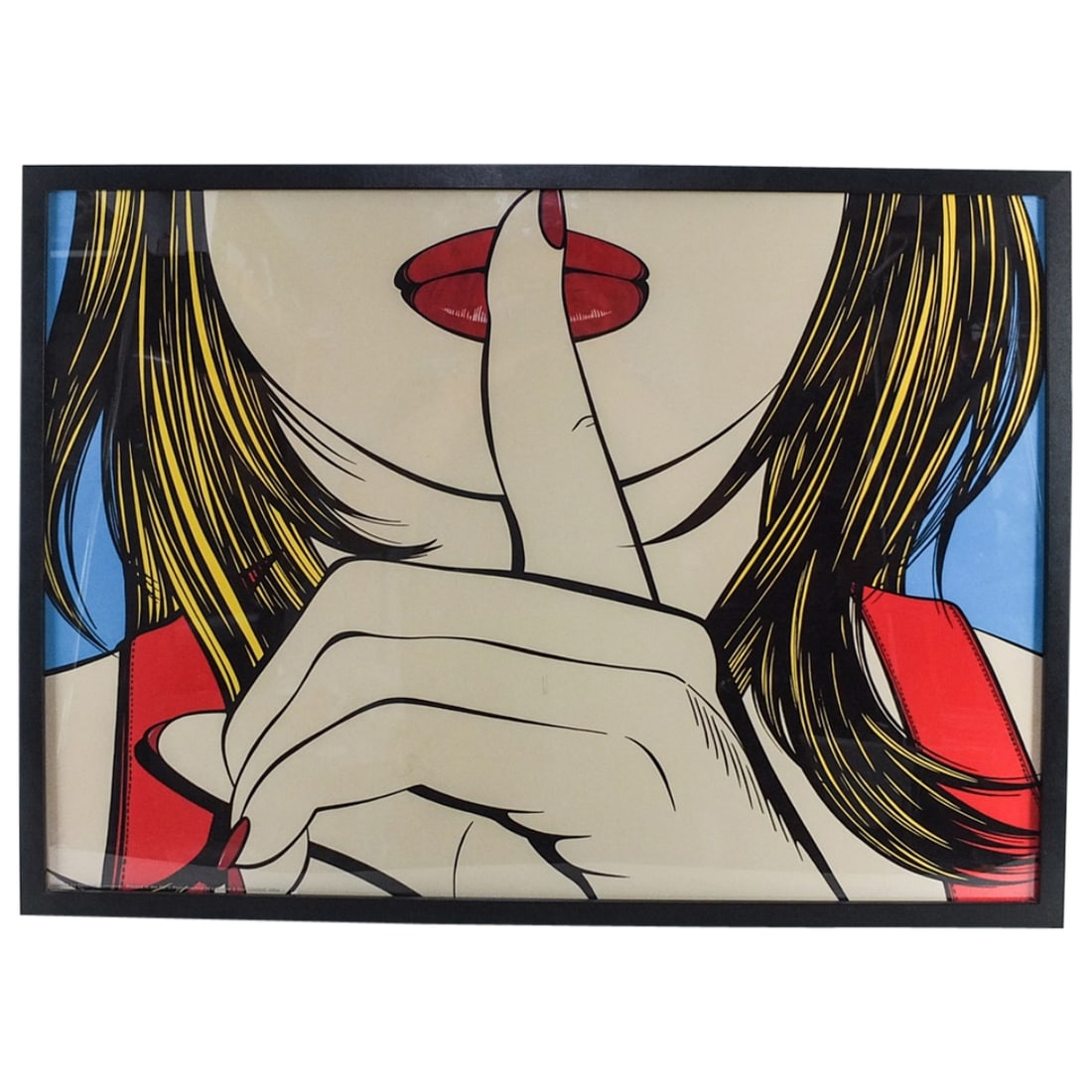 Deborah Azzopardi (20th century): Deborah Azzopardi (20th century) Pop-Art Color Lithography Panel "Sssshhh" Printed by Felix Rosenstief's Widow & Son Ltd Caba. Sight measures 19-1/4" x 27-1/8". Frame measures 20-3/4" x 28-1/2". Condi