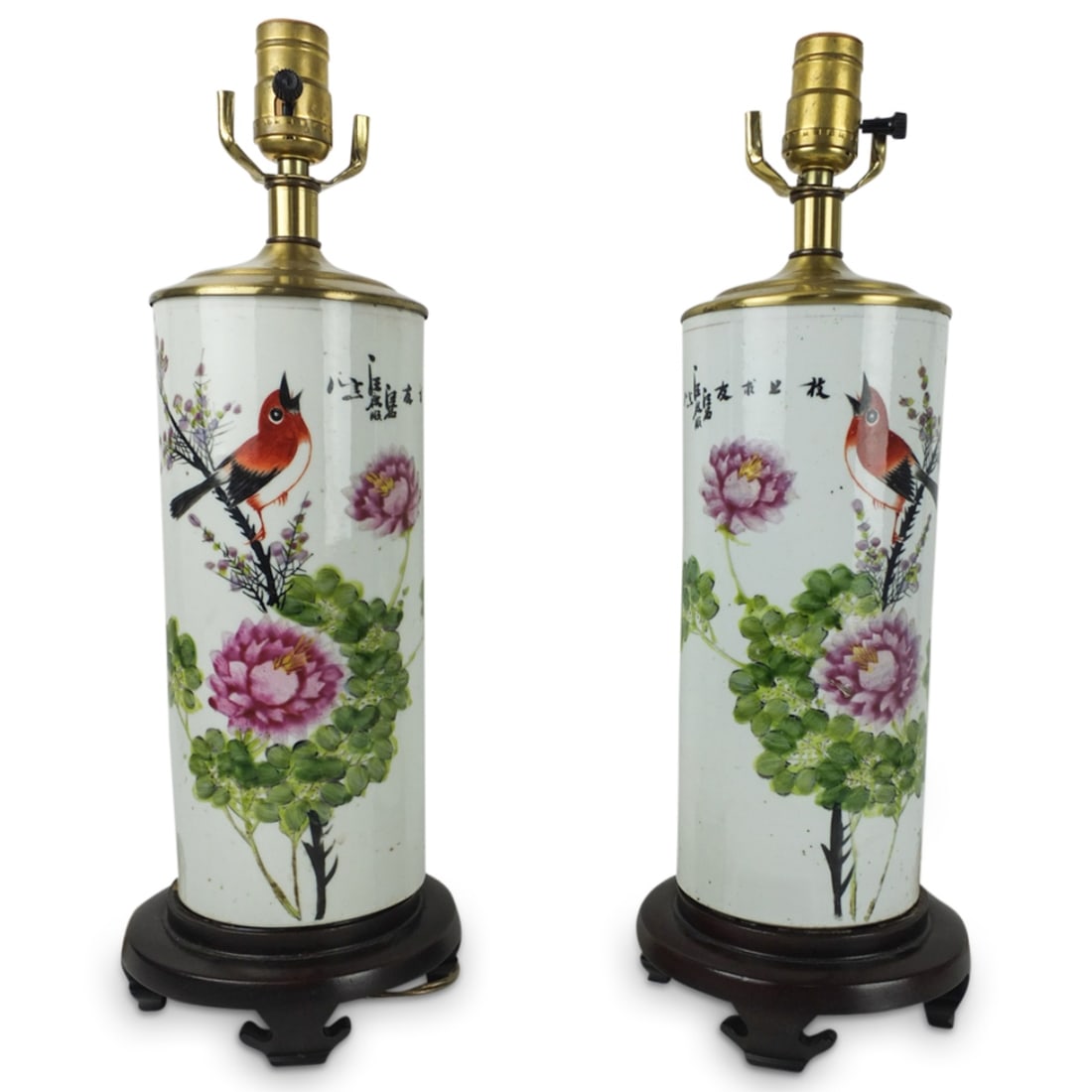 Pair of Antique Chinese Lamps: Pair of Antique Chinese Famille Rose Porcelain Hat Stands Presented as Lamps. calligraphy poem on both stands. Stands measures: 11-1/4. overall measures: 18 x 6. Condition: Rubbing to the surface othe