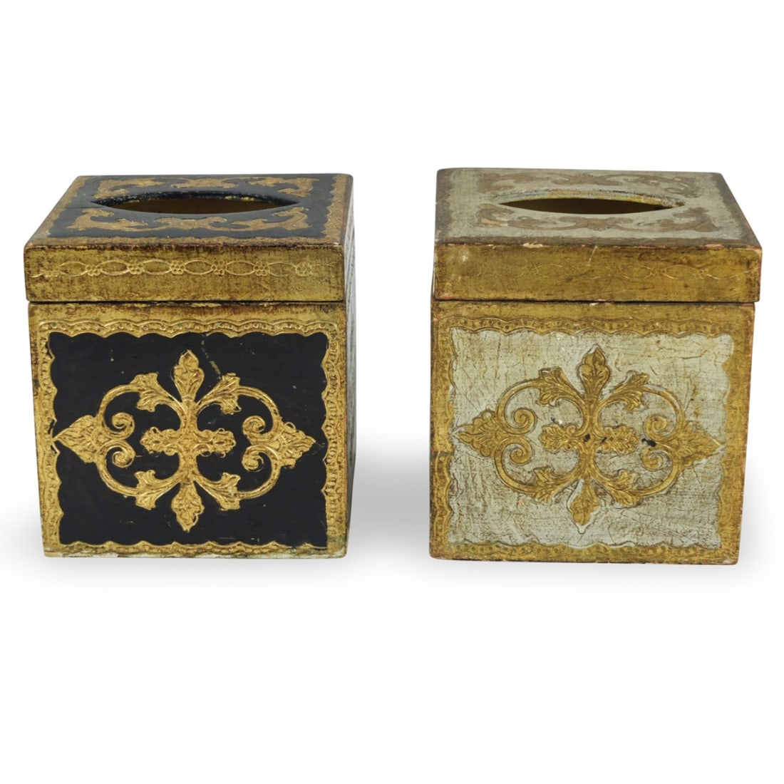 Pair of Italian Giltwood Napkin Holders: Pair of Vintage Italian Venetian Giltwood Napkin Holders. Italian sticker label on the base. Marked made in Italy. Measures 6" x 5-1/2" x 5-1/2". Condition: Some Rubbing to the gold leaf. otherwise go