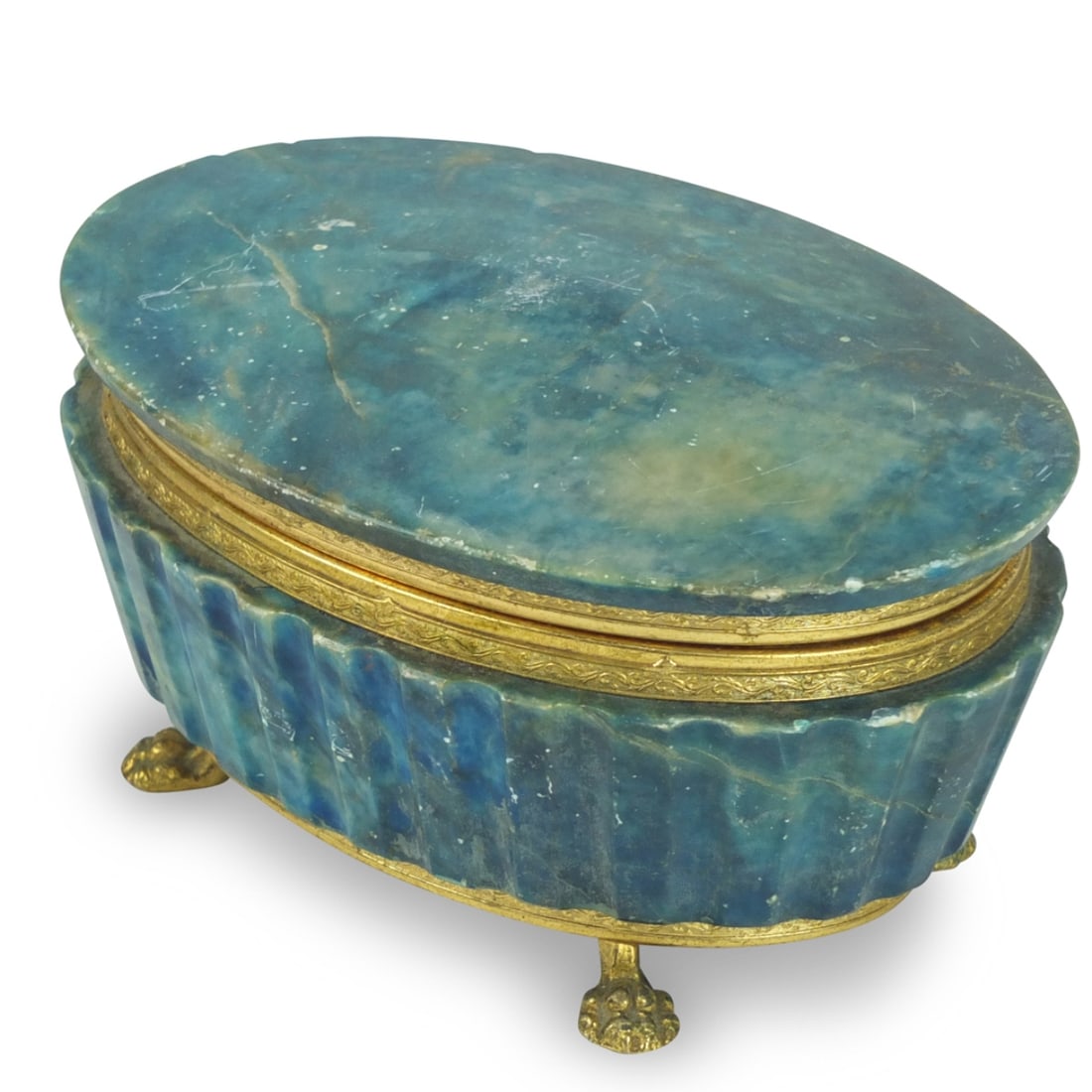 Antique Empire Style Dresser Box: Antique Empire Style Carved Alabaster and Brass Dresser Box on Paw Feet. Measures 31-/4" x 6-3/4" x 4-3/4". Condition: has some small nicks to the surface. Estimate 50 - 150 Domestic shipping Third Pa