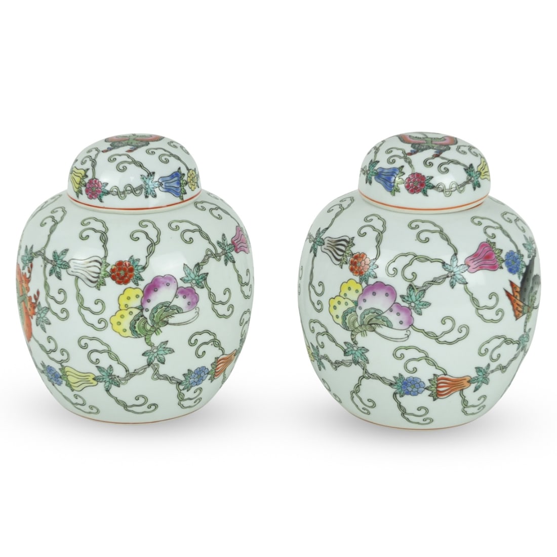 Pair of Chinese Ginger Jars: Pair of Chinese Porcelain Ginger Jars. Marked on the Base. Measures 6" x 5". Condition: Good condition. Estimate 50 - 150 Domestic shipping Third Party