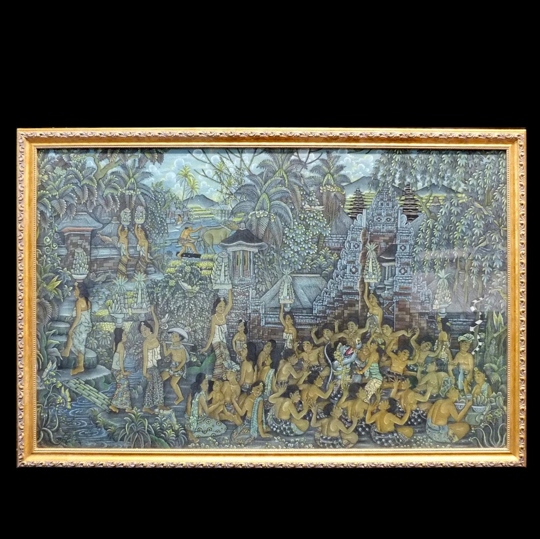 Antique Framed Balinese Gouache Painting: Antique Framed Balinese Gouache Painting on Cloth. Depicts a ceremonial scene with Villagers and Buddhist figures. Frame measures 21 1/2" x 31 1/8". Condition: Good condition. Estimate 50 - 150 Domest