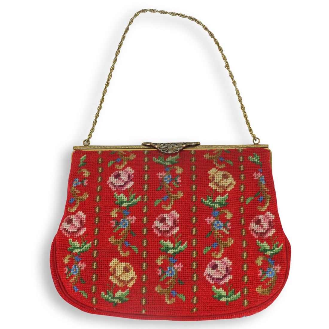 Vintage Needlepoint Handbag: Vintage Needlepoint Handbag with Engraved and Marcasite Closure. Includes Change Purse and Mirror unmarked. Measures 6" x 8". Condition: Good Condition. Estimate 20 - 150 Domestic shipping Third Party