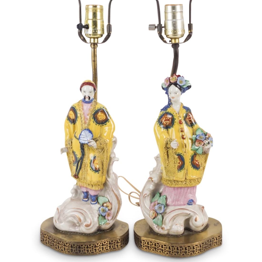 Pair of Vintage Chinese Porcelain Lamps: Pair of Vintage Chinese Glazed Porcelain Figurines Male & Female Figurines presented as lamps. 10-1/4" x 5". Overall measures 25" x 6-1/4" x 5-3/4". Condition: Good condition Estimate 50 - 150 Domesti