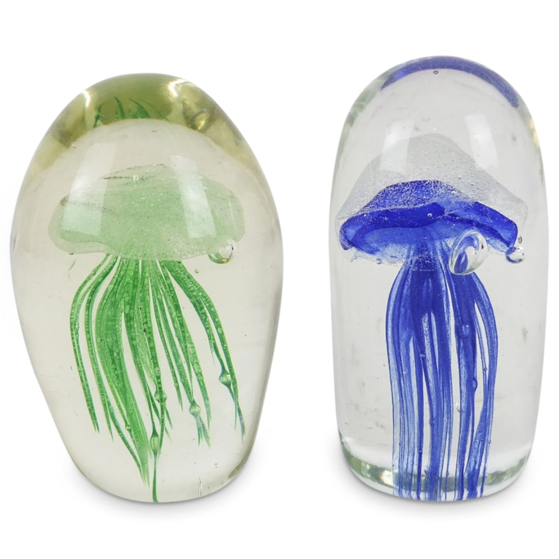 Two Jellyfish Style Art Glass Paperweights: Grouping of Two Jellyfish Style Art Glass Paperweights. Both are unsigned. Tallest measures: 4-7/8" x 2-1/2". Smaller measures 4-3/4" x 3". Condition: Good Condition Estimate 50 - 150 Domestic shippin