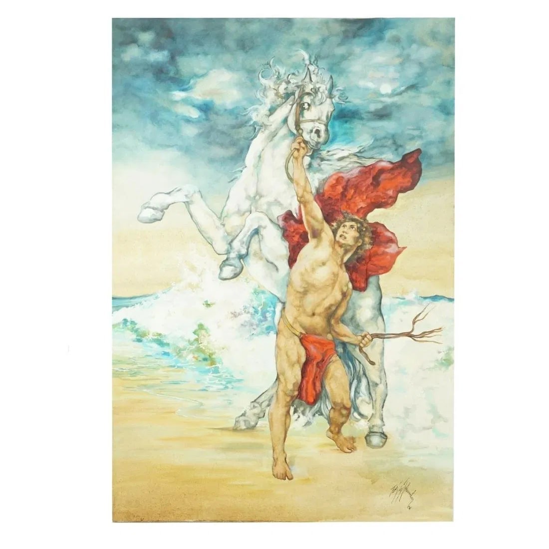 Tee Jay Johnston (20th C.): Tee Jay Johnston (20th Century) Oil on Canvas "Perseus with Horse" Signed and Numbered 1981 Lower Right. Unframed. Mounted on a stretcher. Measures 71-1/4" x 49-3/8" x 1-5/8". Condition: Good conditio